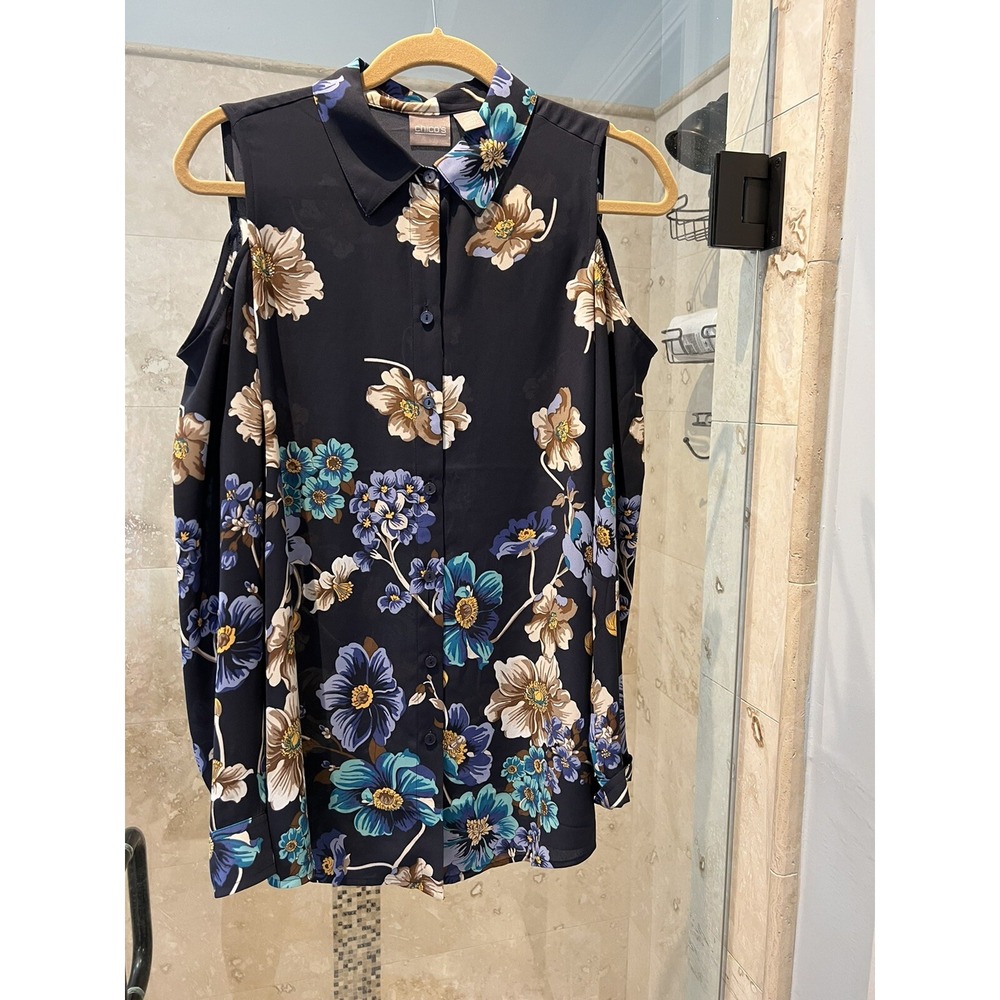 Chico's Cold Shoulder Floral Blouse Navy Green Long Sleeve Size 1